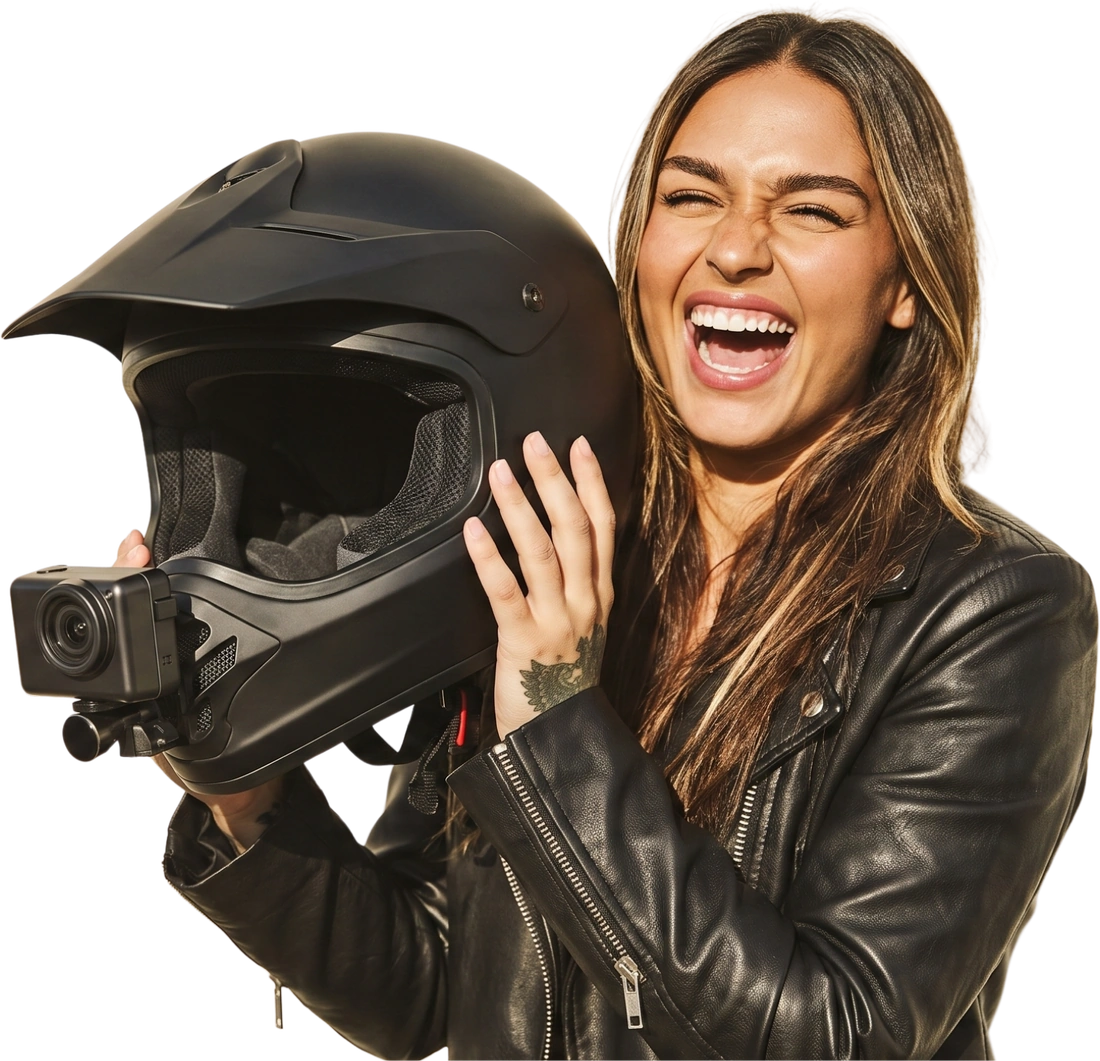 Motociclista rindo, segurando o capacete com uma câmera presa nele